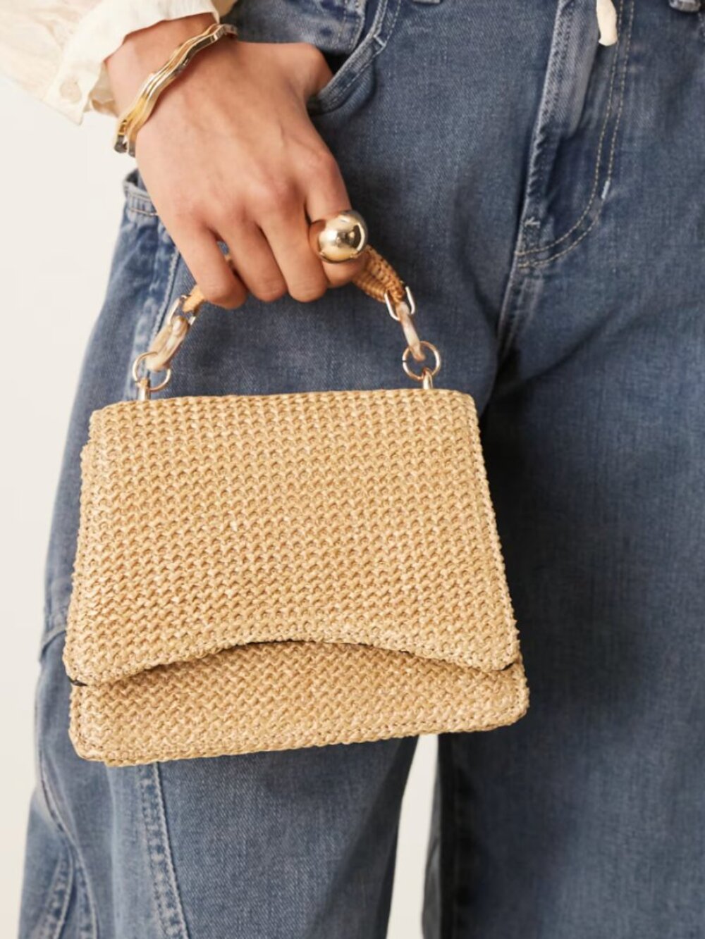 ASOS DESIGN resin and straw top handle crossbody bag in neutral